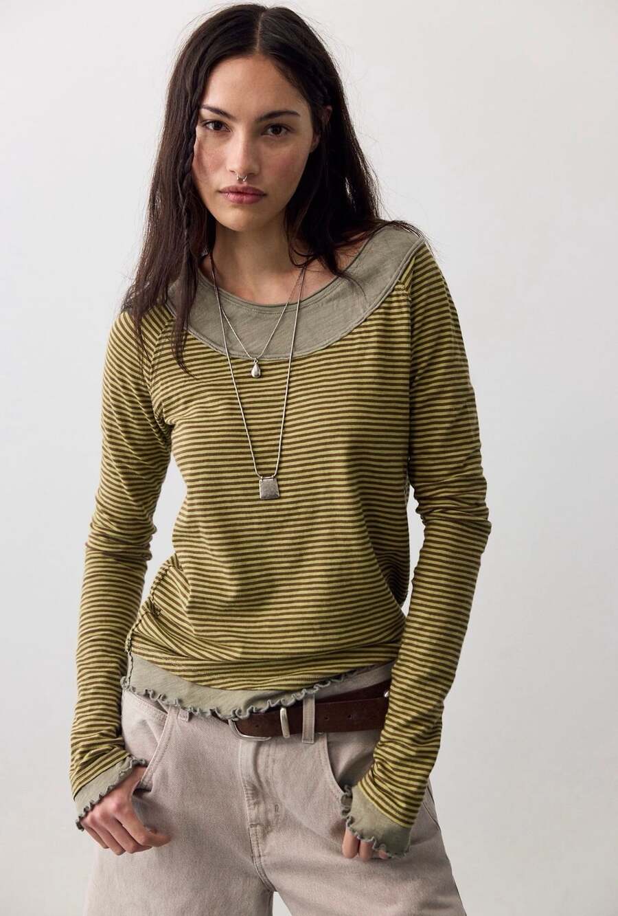 Free People We The Free Two's A Charm Stripe Long Sleeve  Size Large NWT
